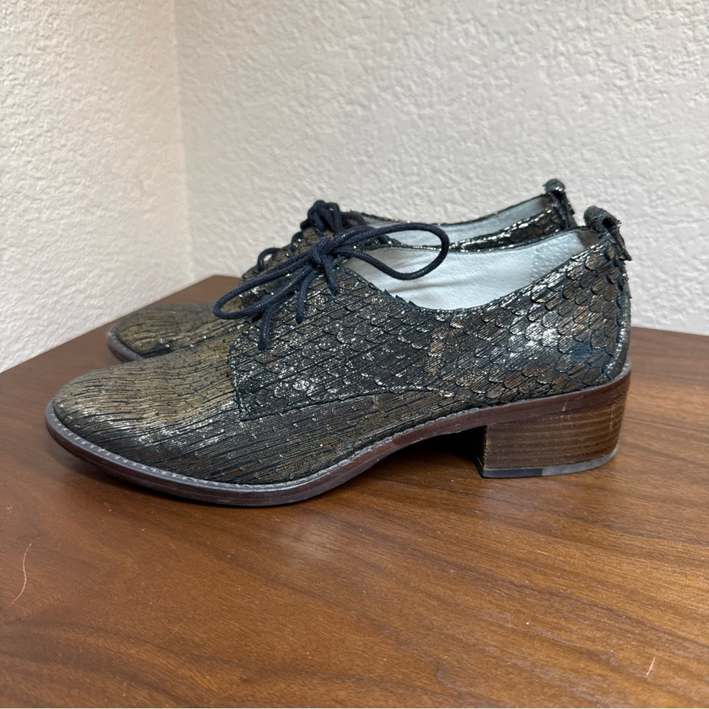 Louise Et Cie Black‎ Gold Lo-Fenn Lace Up Oxfords Shoes Size 9 M Genuine Leather